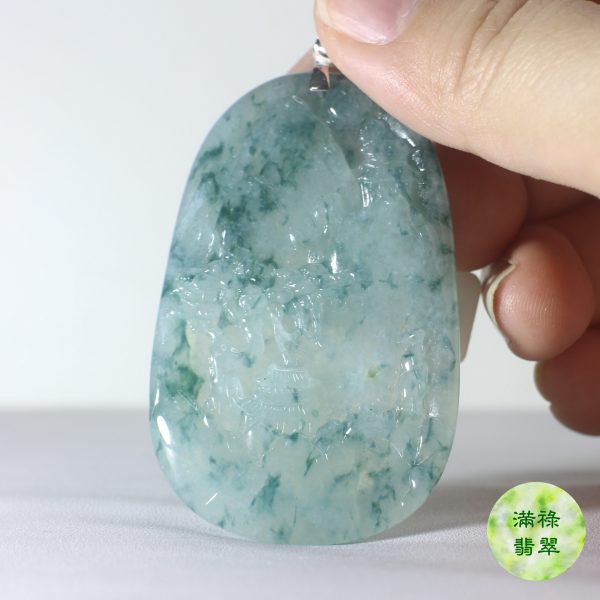 18K白金扣鑲A貨翡翠玉器飄花山水牌/香港翡翠證書M40508 - Image 8