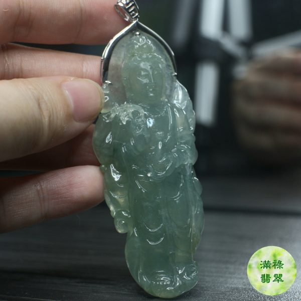 18k白金鑲翡翠玉器立體大觀音玉吊墜/附香港翡翠鑑定證書SC151856 - Image 3