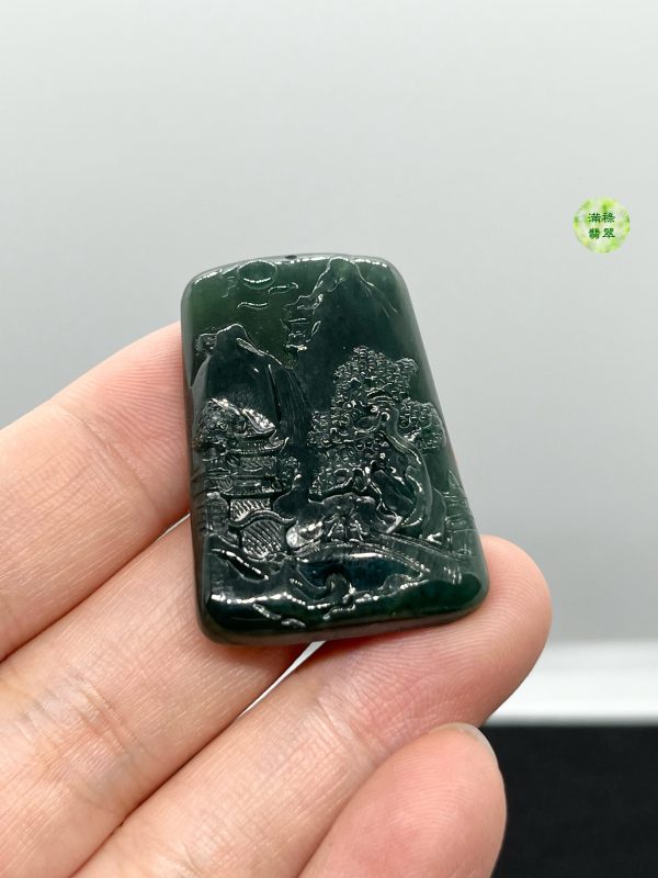 翡翠A貨玉器藍水山水牌翡翠吊墜 打燈清透藍綠色 山清水秀 精美富有意境 - Image 5