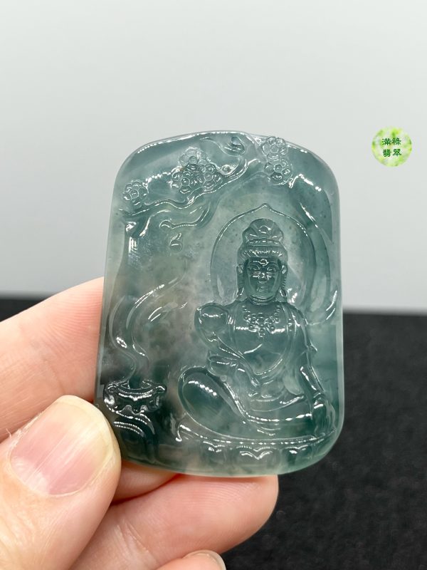 翡翠A貨玉器玉藍水玉觀音菩薩翡翠吊墜 儀態悠閒安適 莊嚴靜穆而不失親切感 - Image 5