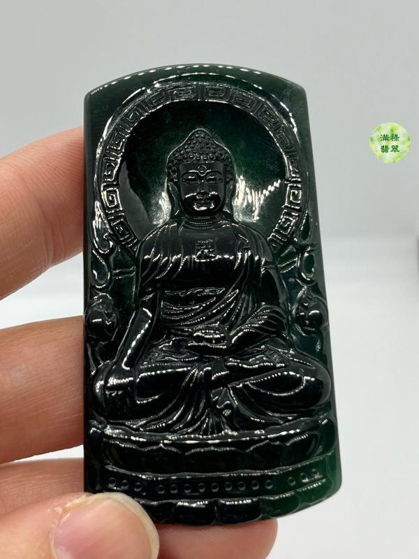 翡翠A貨玉器玉墨翠玉佛祖大日如來釋迦牟尼翡翠吊墜 隱隱散發出淡定深沉的氣息 十分令人着迷 - Image 5