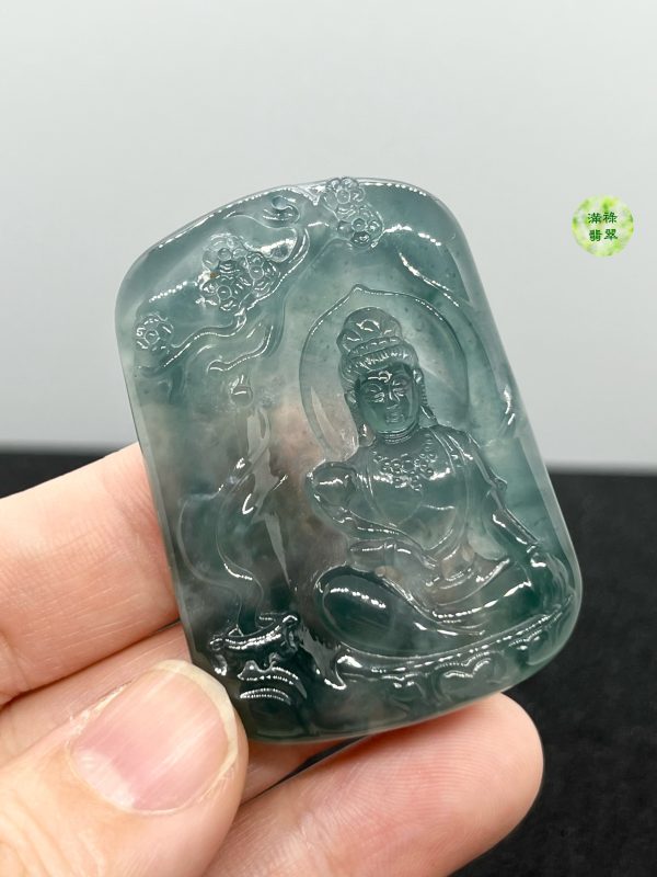 翡翠A貨玉器玉藍水玉觀音菩薩翡翠吊墜 儀態悠閒安適 莊嚴靜穆而不失親切感 - Image 2