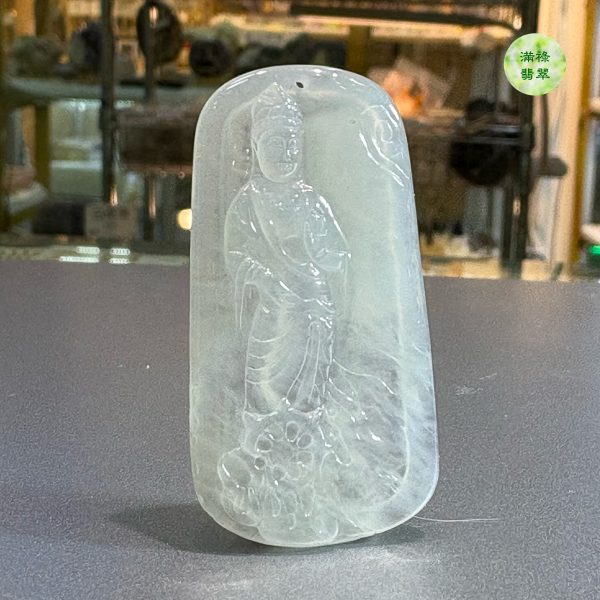 翡翠A貨玉器玉觀音菩薩翡翠吊墜 45.49  x 23.78 x 3.8mm - Image 3