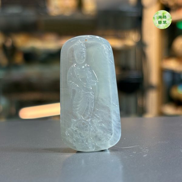 翡翠A貨玉器玉觀音菩薩翡翠吊墜 45.49  x 23.78 x 3.8mm - Image 9