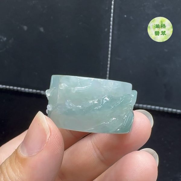 精美雕刻糯冰種翡翠A貨山水男士戒指玉扳指 - Image 13
