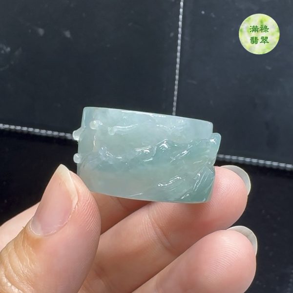精美雕刻糯冰種翡翠A貨山水男士戒指玉扳指 - Image 12