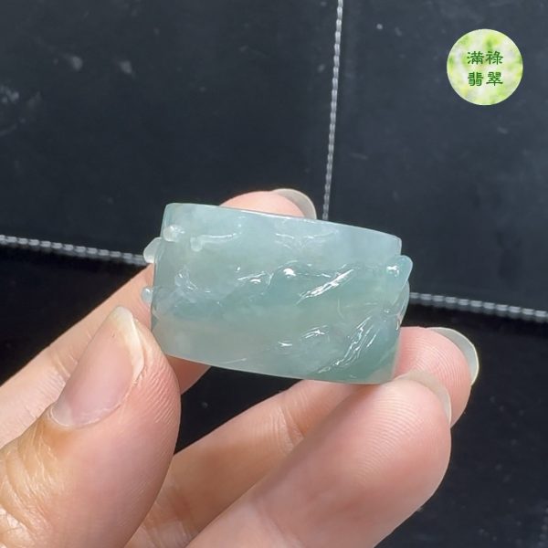 精美雕刻糯冰種翡翠A貨山水男士戒指玉扳指 - Image 10