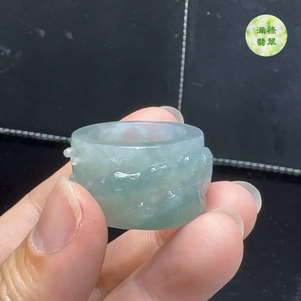 精美雕刻糯冰種翡翠A貨山水男士戒指玉扳指 - Image 9