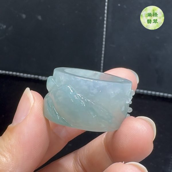 精美雕刻糯冰種翡翠A貨山水男士戒指玉扳指 - Image 4