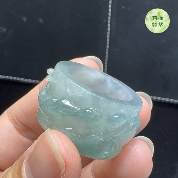 精美雕刻糯冰種翡翠A貨山水男士戒指玉扳指 - Image 2