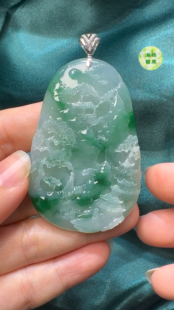 翡翠A貨玉器翡翠山水牌 62-41-6.6mm
