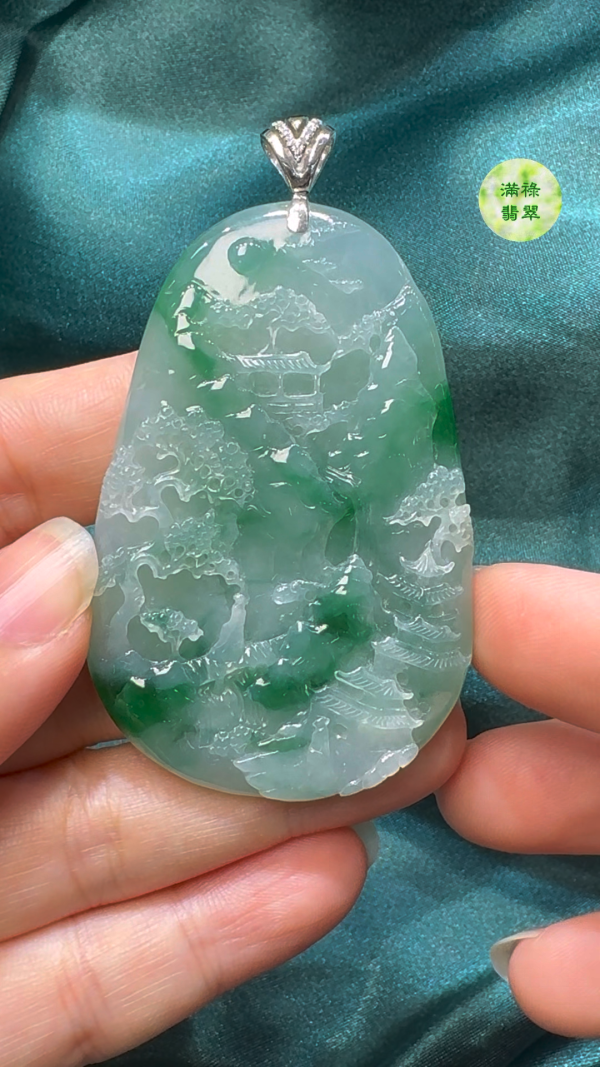 翡翠A貨玉器翡翠山水牌 62-41-6.6mm - Image 2