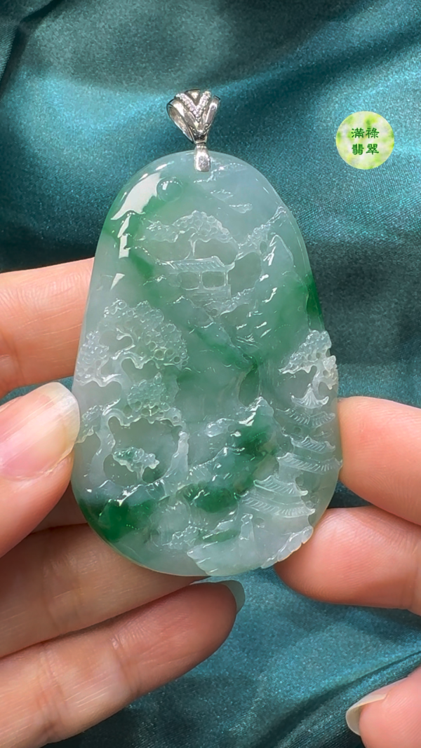 翡翠A貨玉器翡翠山水牌 62-41-6.6mm - Image 5