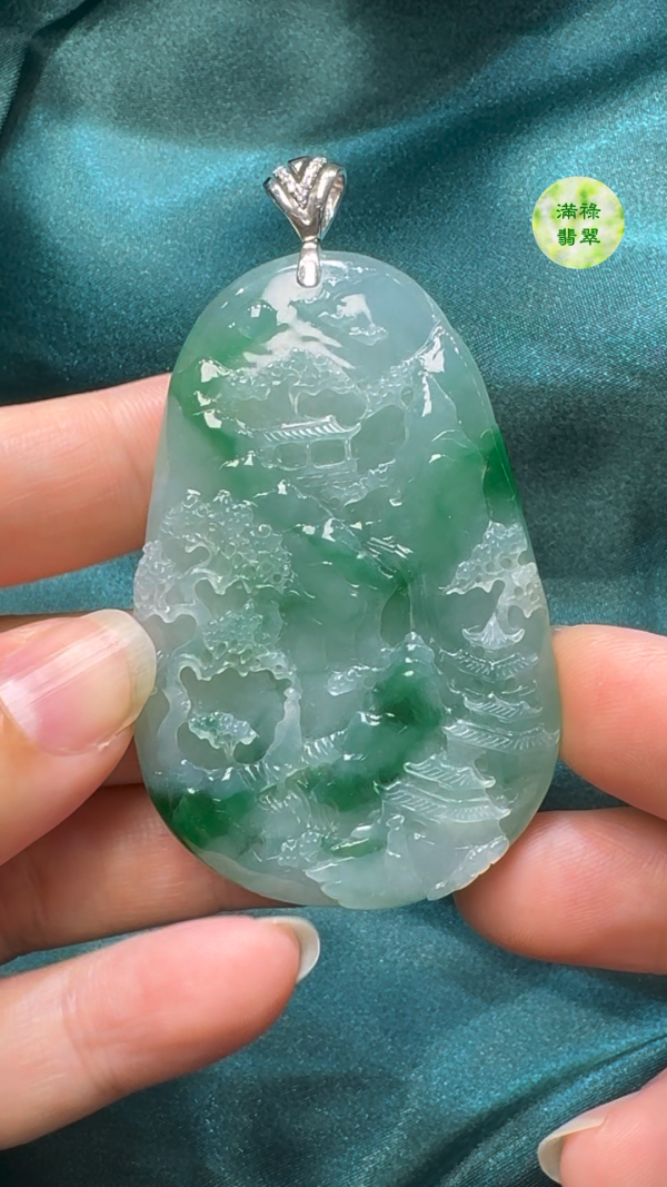 翡翠A貨玉器翡翠山水牌 62-41-6.6mm - Image 6