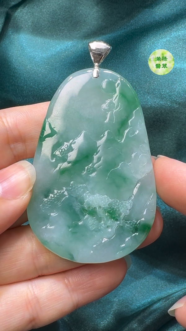 翡翠A貨玉器翡翠山水牌 62-41-6.6mm - Image 7