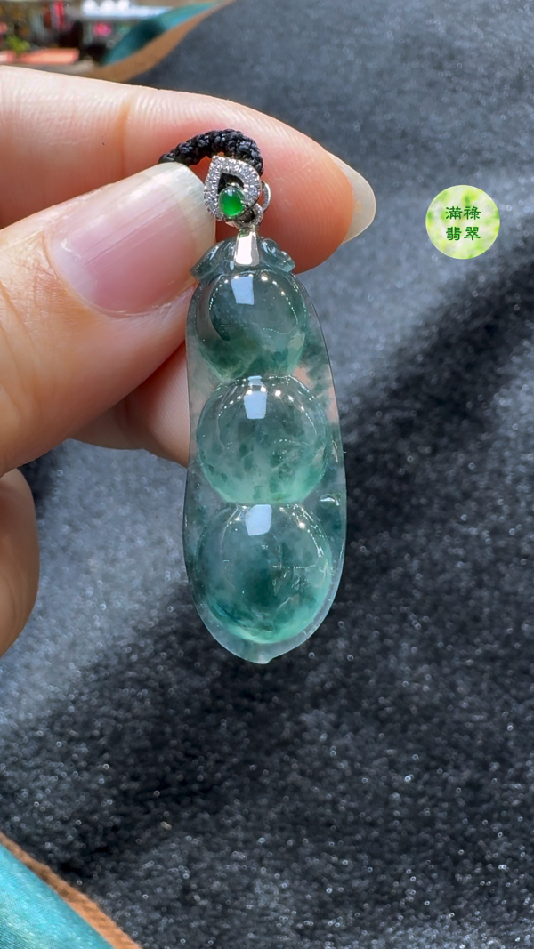 18K翡翠A貨玉器藍花翡翠福豆玉吊墜主石37-14-6.6mm - Image 2