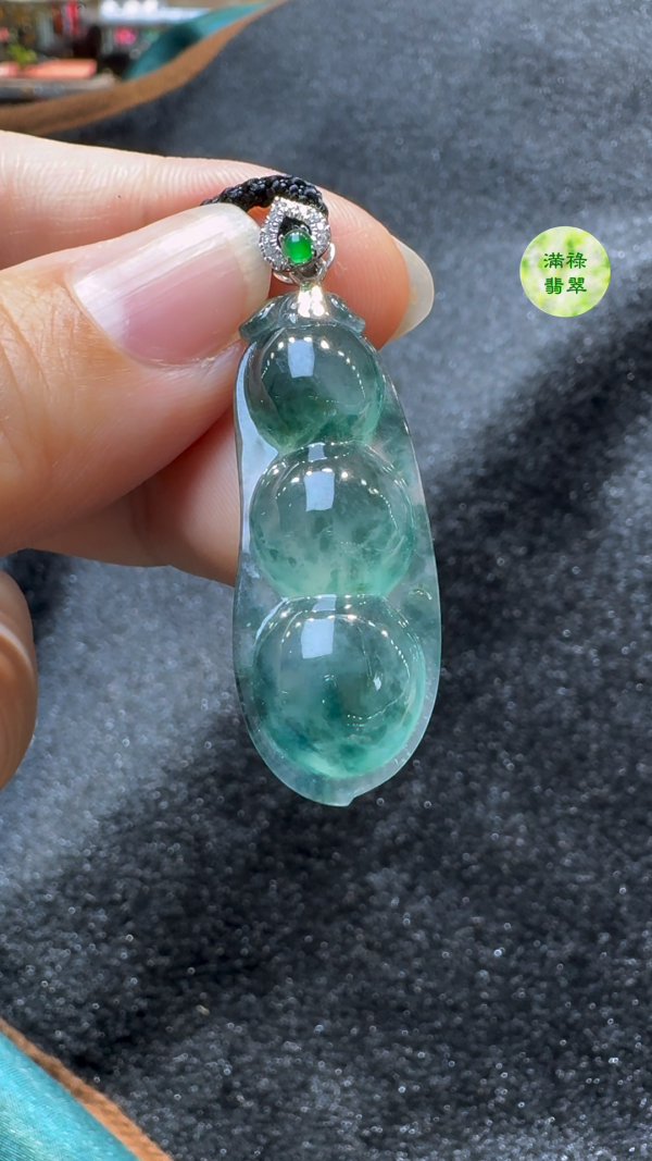 18K翡翠A貨玉器藍花翡翠福豆玉吊墜主石37-14-6.6mm - Image 4