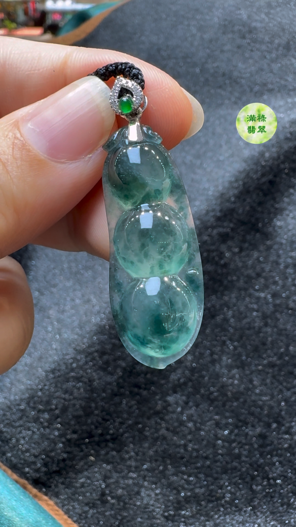 18K翡翠A貨玉器藍花翡翠福豆玉吊墜主石37-14-6.6mm - Image 5