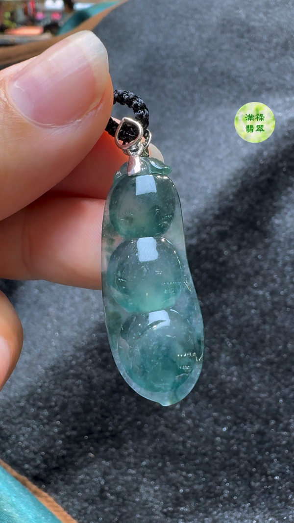 18K翡翠A貨玉器藍花翡翠福豆玉吊墜主石37-14-6.6mm - Image 7
