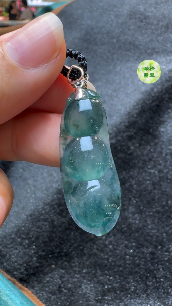 18K翡翠A貨玉器藍花翡翠福豆玉吊墜主石37-14-6.6mm - Image 8