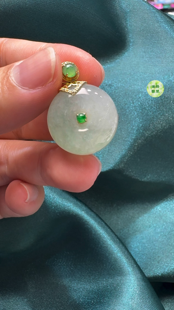 18K翡翠A貨玉器平安扣算盤珠吊墜主石直徑20mm-厚度11mm