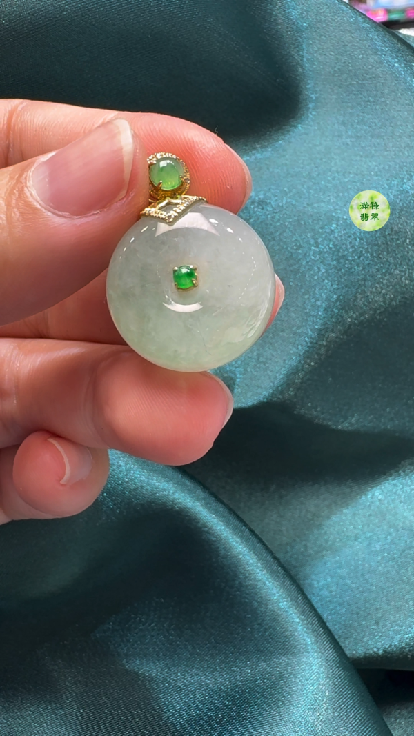 18K翡翠A貨玉器平安扣算盤珠吊墜主石直徑20mm-厚度11mm - Image 2