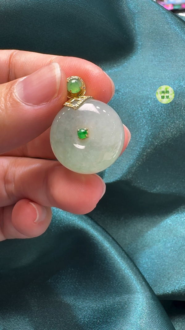18K翡翠A貨玉器平安扣算盤珠吊墜主石直徑20mm-厚度11mm - Image 3