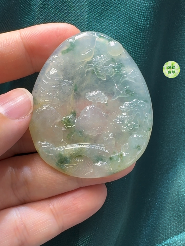 翡翠A貨玉器山水吊墜  51 x 43 x 5.9mm - Image 7