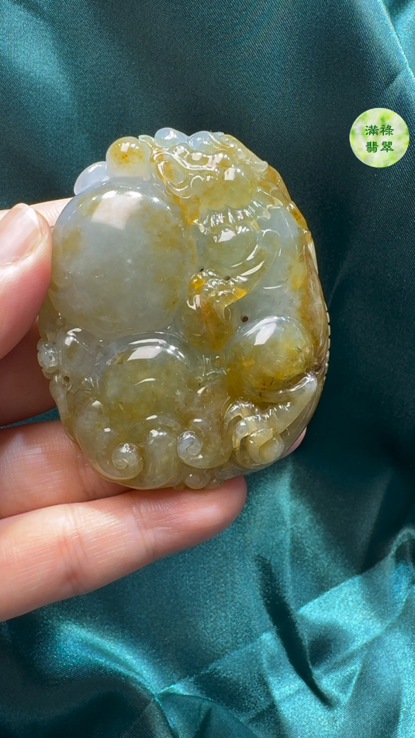 翡翠A貨玉器黃翡貔貅翡翠吊墜65 x 52 x 18mm - Image 3