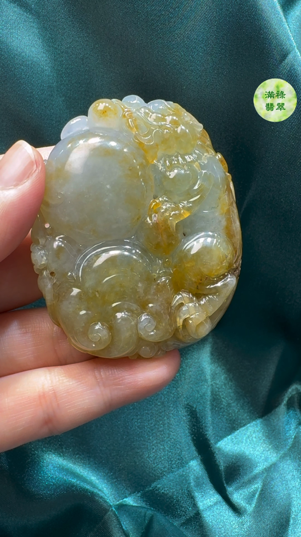 翡翠A貨玉器黃翡貔貅翡翠吊墜65 x 52 x 18mm - Image 2