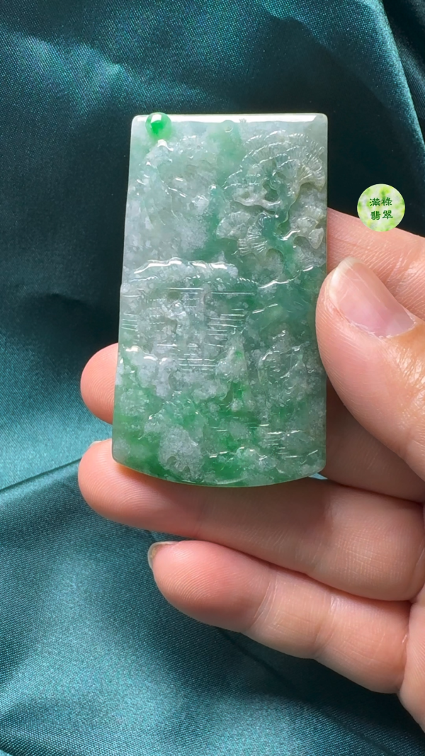 翡翠A貨玉器意境三顧茅廬翡翠吊墜59-39-5.5mm