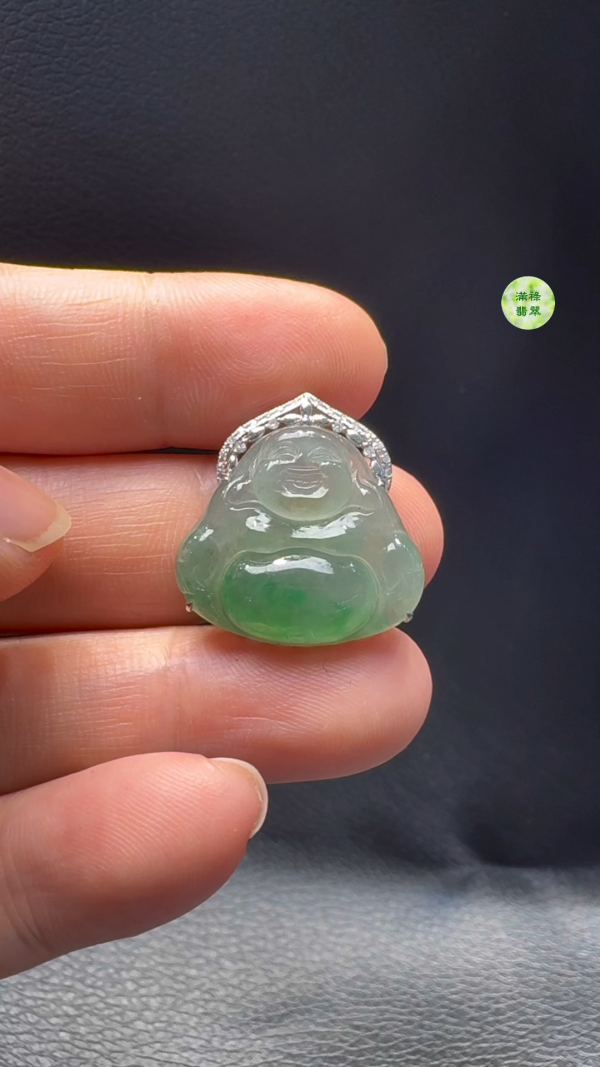 18K翡翠A貨玉器彌勒佛公翡翠吊墜 整個22-20-7mm