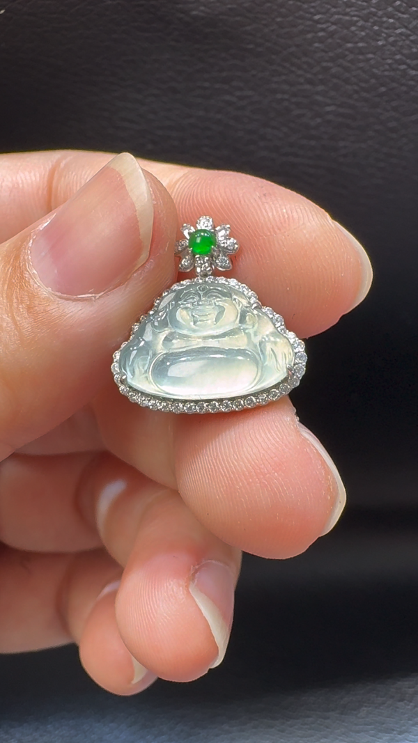 18K翡翠A貨玉器玉佛公彌勒佛翡翠吊墜 整個 18-18-5.7mm - Image 3