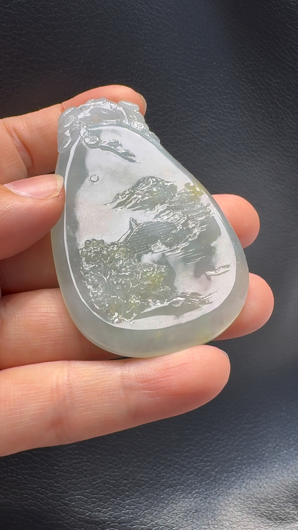 翡翠A貨玉器山水牌翡翠吊墜 68-43-5.8mm - Image 5
