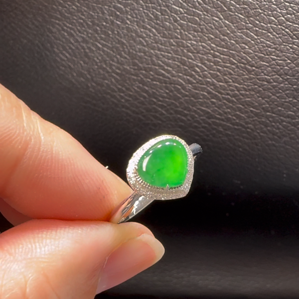 18K翡翠A貨玉器杏形心形翡翠戒指 主石6.6-8mm - Image 3
