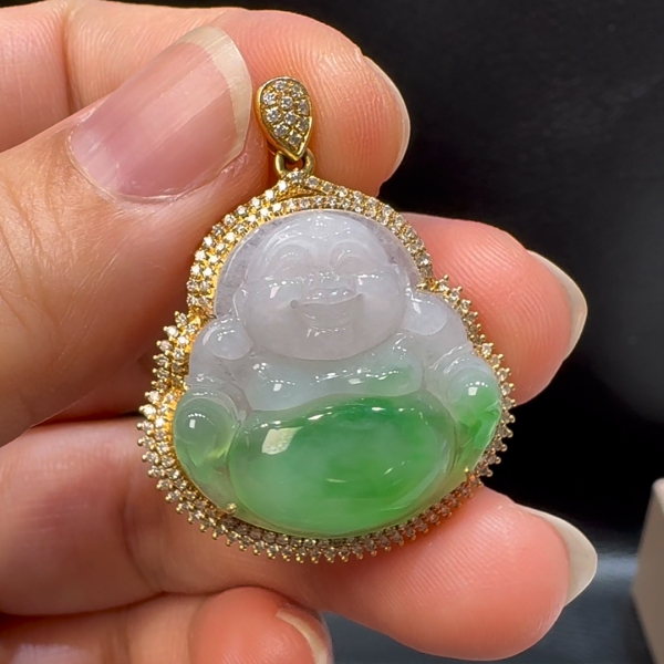 18K翡翠A貨玉器玉佛公彌勒佛翡翠吊墜 35-27-8.6mm - Image 3