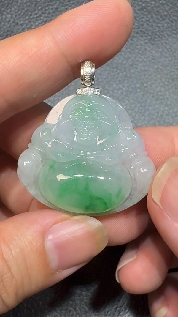 翡翠直播商品#97-18K白金鑽石翡翠佛公吊墜