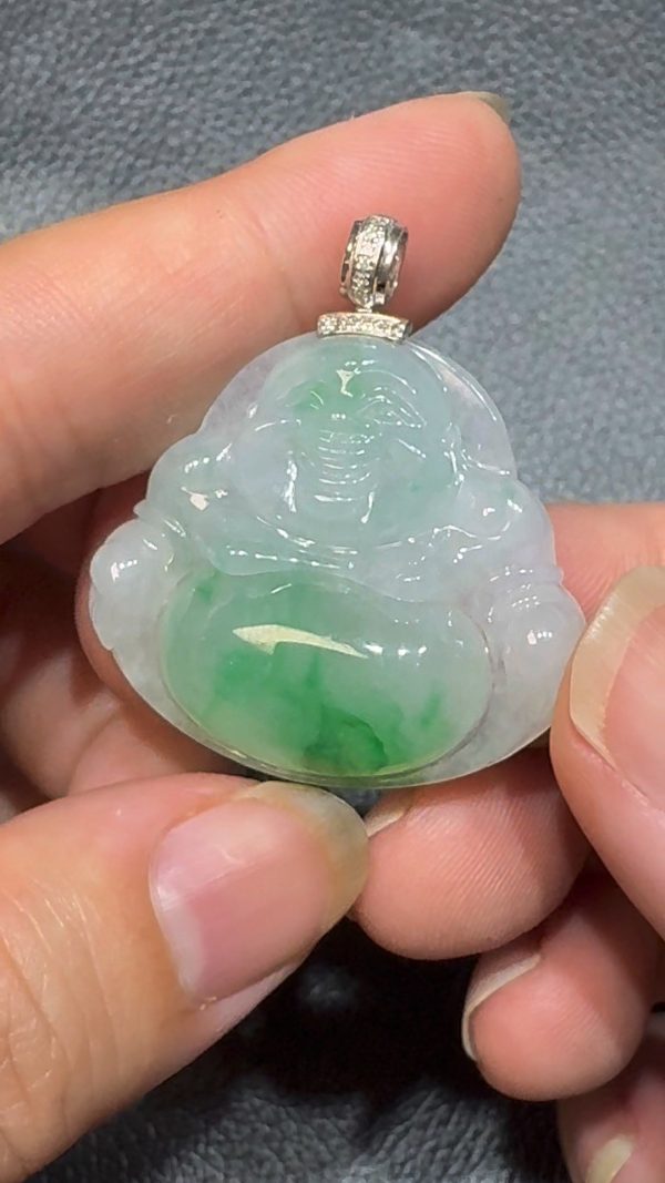 翡翠直播商品#97-18K白金鑽石翡翠佛公吊墜 - Image 3