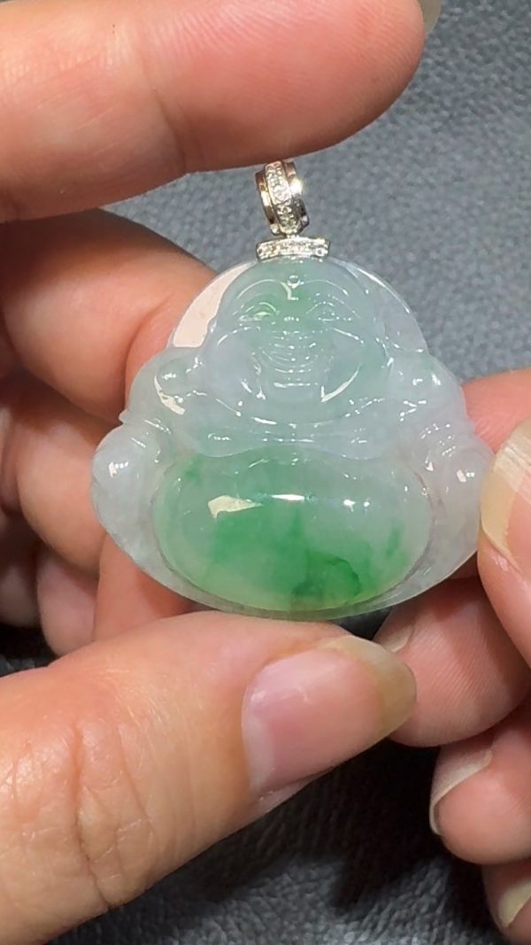 翡翠直播商品#97-18K白金鑽石翡翠佛公吊墜 - Image 2