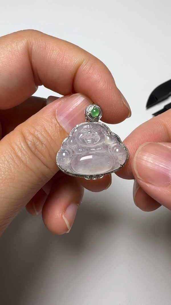 翡翠直播商品#145-18K白金鑲嵌彌勒佛公翡翠吊墜 - Image 5