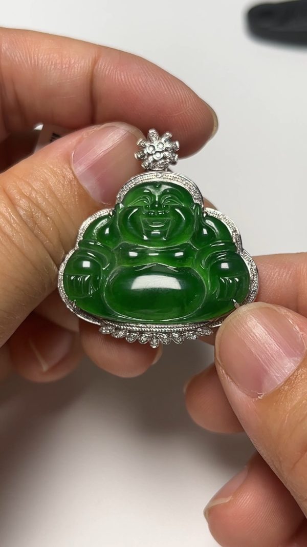 翡翠直播商品#166-18K白金鑲嵌彌勒佛公翡翠吊墜 - Image 5