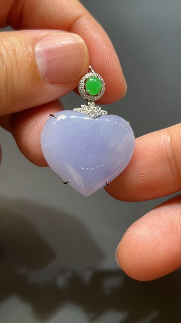 翡翠直播商品#203-18K白金鑽石心形翡翠吊墜 - Image 2