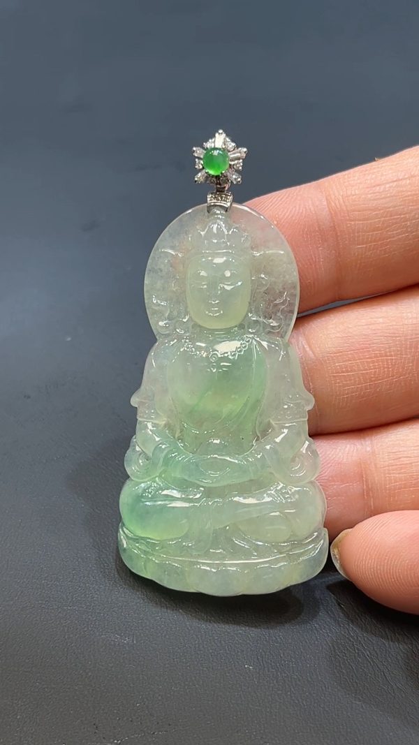 翡翠直播商品#231-18k白金鑲嵌翡翠觀音吊墜