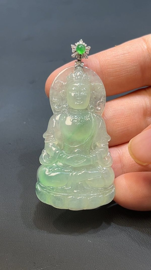 翡翠直播商品#231-18k白金鑲嵌翡翠觀音吊墜 - Image 2