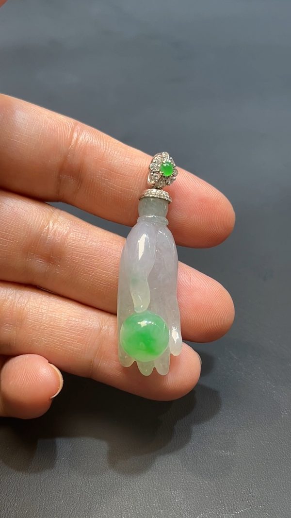 翡翠直播商品#237-18k白金鑲嵌翡翠佛手吊墜 - Image 2
