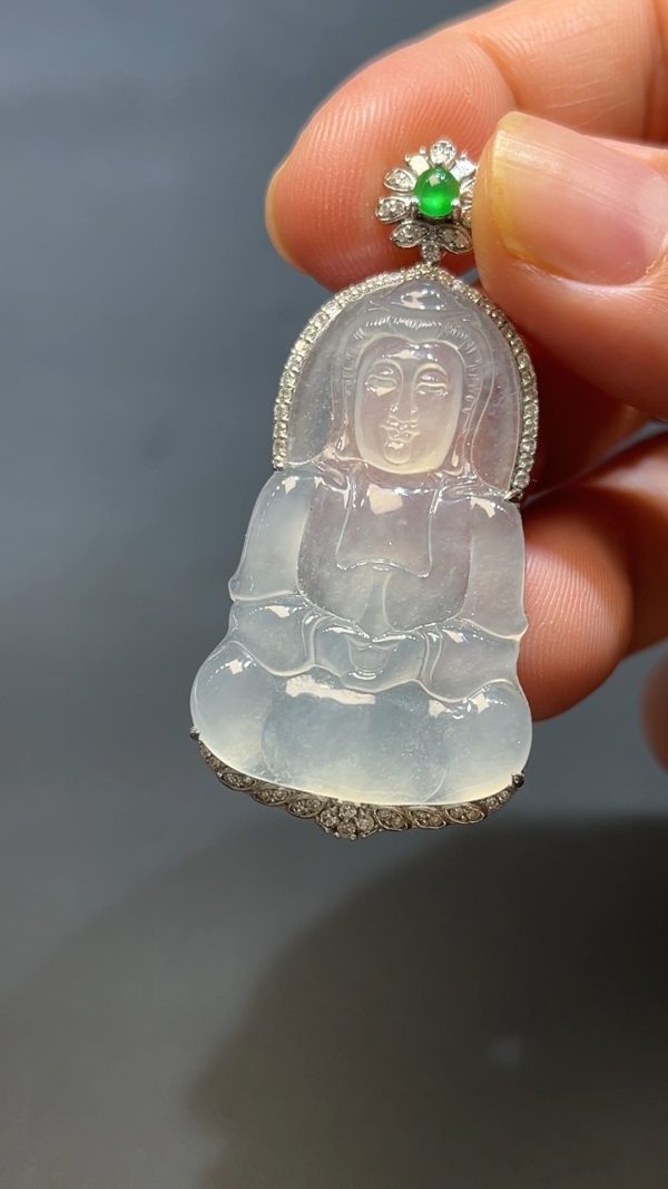 翡翠直播商品#238-18k白金鑲嵌翡翠觀音吊墜 - Image 3
