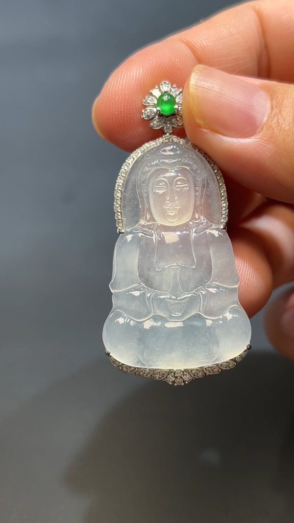 翡翠直播商品#238-18k白金鑲嵌翡翠觀音吊墜 - Image 4
