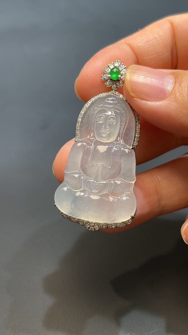 翡翠直播商品#238-18k白金鑲嵌翡翠觀音吊墜 - Image 5