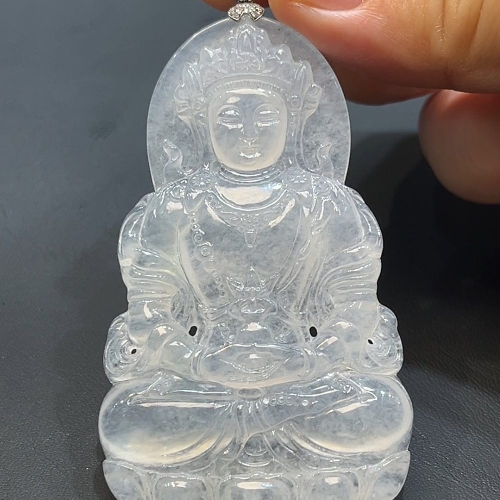 翡翠直播商品#239-18k白金鑲嵌翡翠觀音吊墜