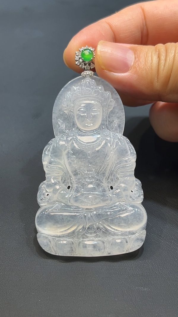 翡翠直播商品#239-18k白金鑲嵌翡翠觀音吊墜